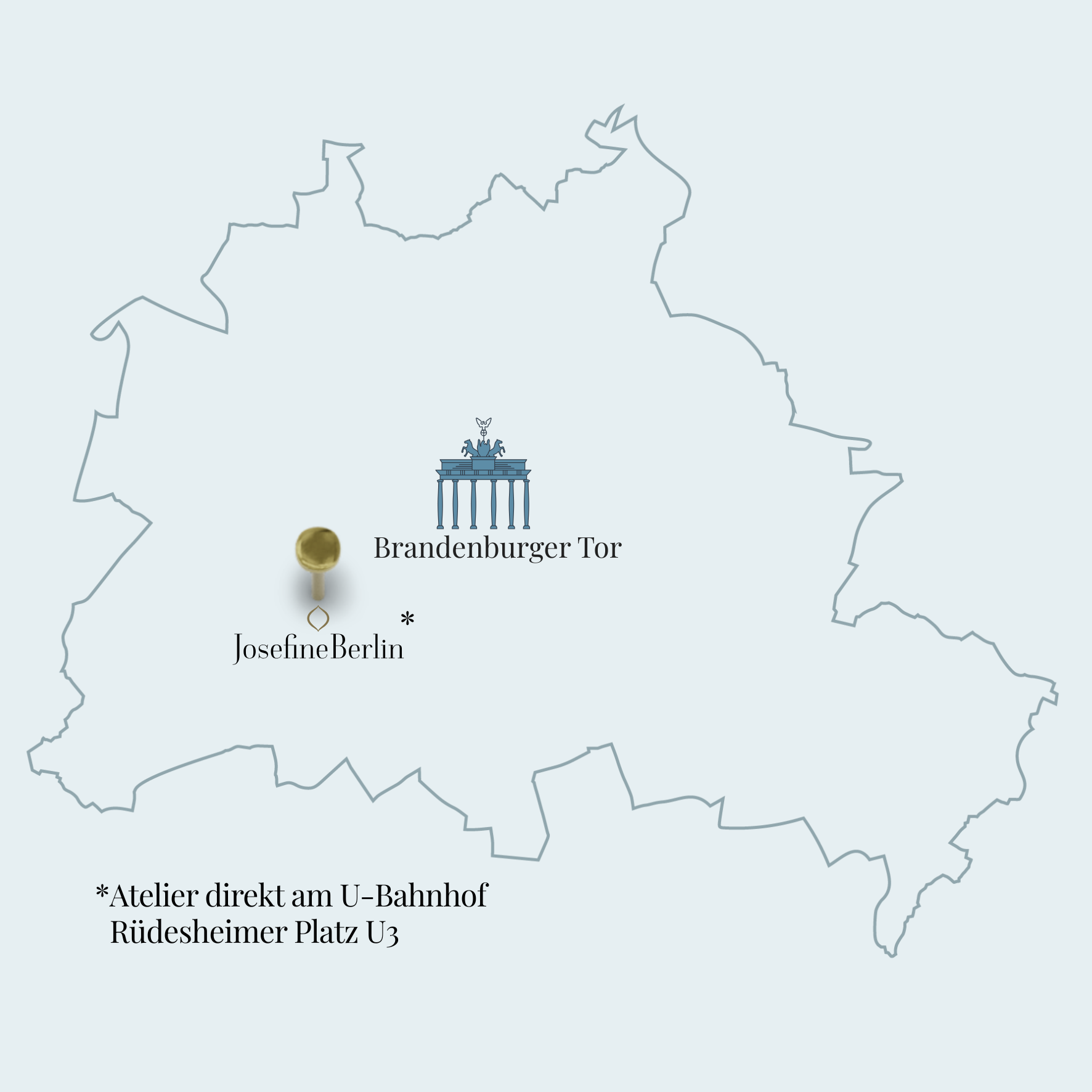 Karte mit Umriss von Berlin, die den Standort von Josefine Berlin am Rüdesheimer Platz darstellt