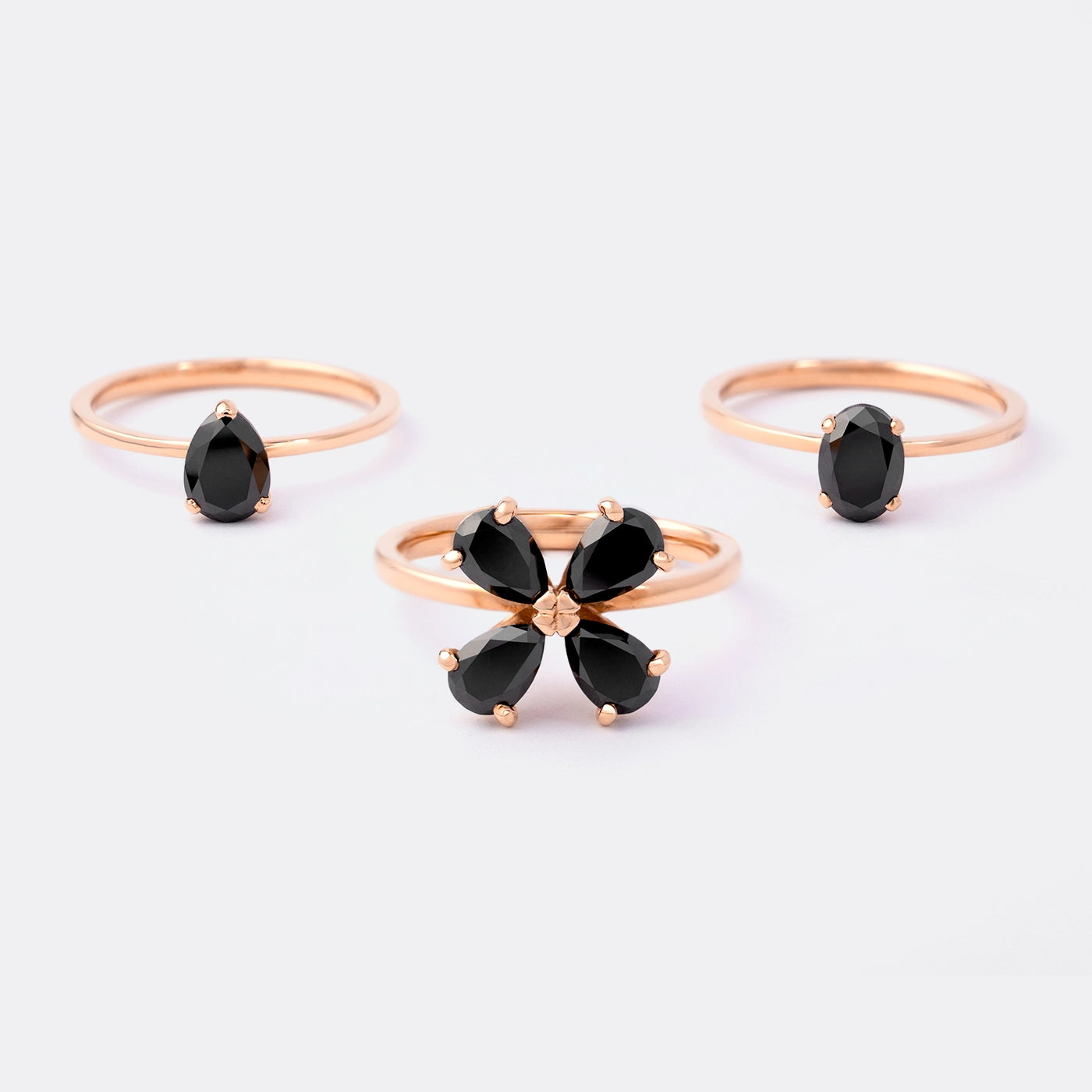 Drei Blossom Ringe aus 750er Roségold mit schwarzen Diamanten - Tropfen, Oval und Forever Blossom im Überblick
