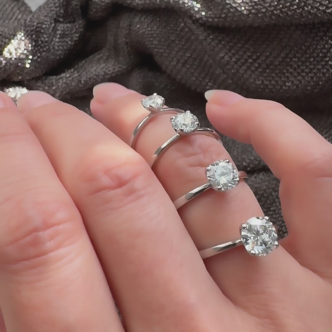 Ring Petite Fleur Solitär 0,50 ct, 0,75 ct, 1,00 ct und 1,50 ct aus 950er Platin mit Brillant - am Finger getragen, Größenvergleich, Video